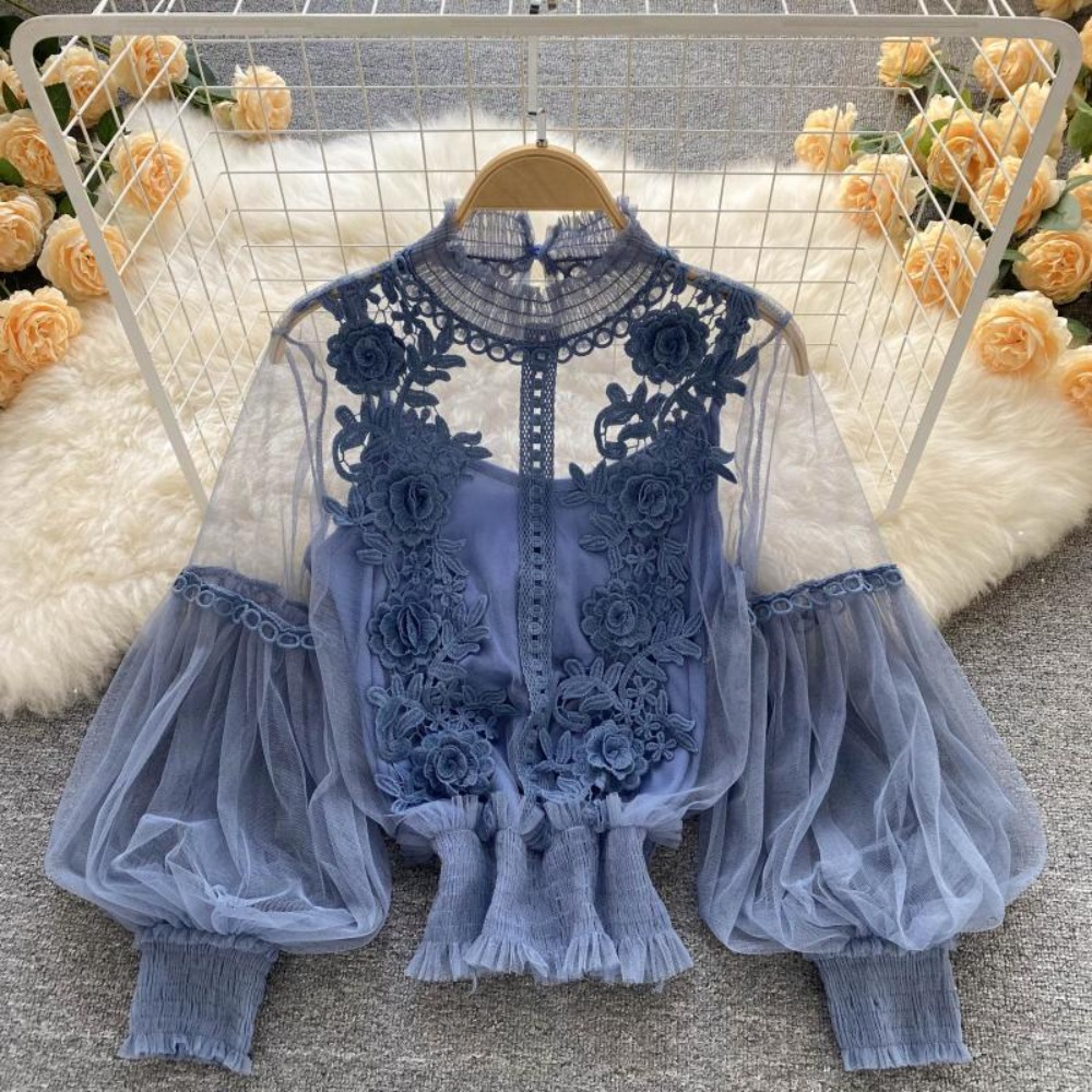 Summer Clothing Vintage - 2Pcs/Set Lace Puff Long Sleeve Blouse