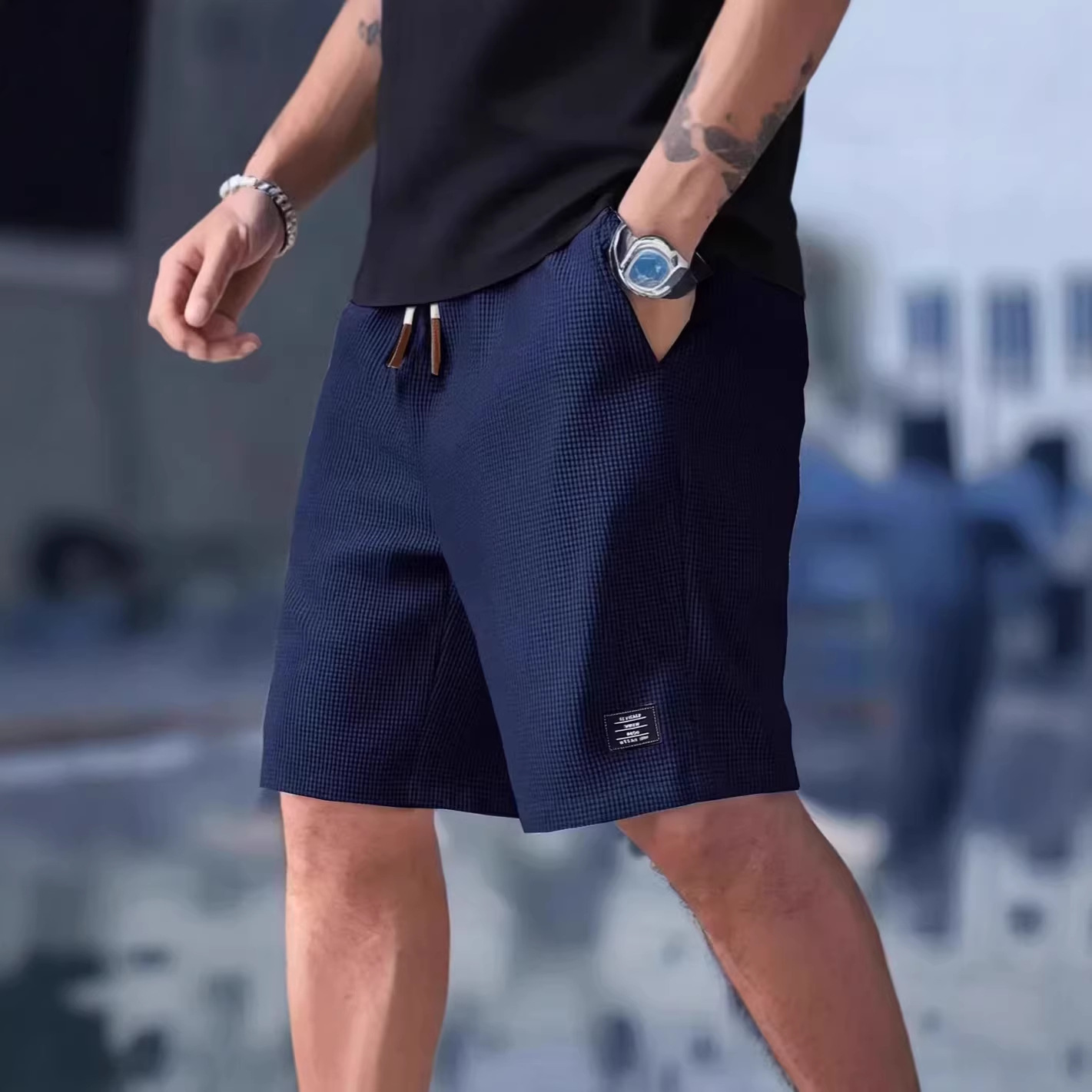Summer Clothing Deals - Male Short Pants Black Waffle Oversize