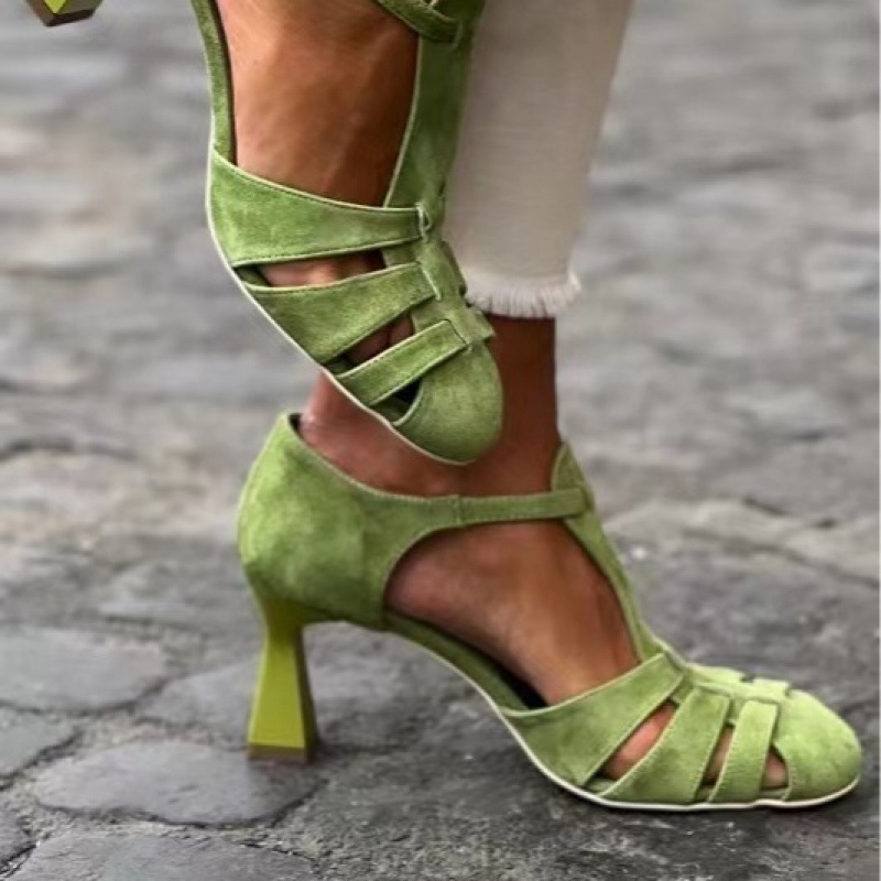 Summer Clothing Stores - Women's Green Suede Kitten Heel T-Strap