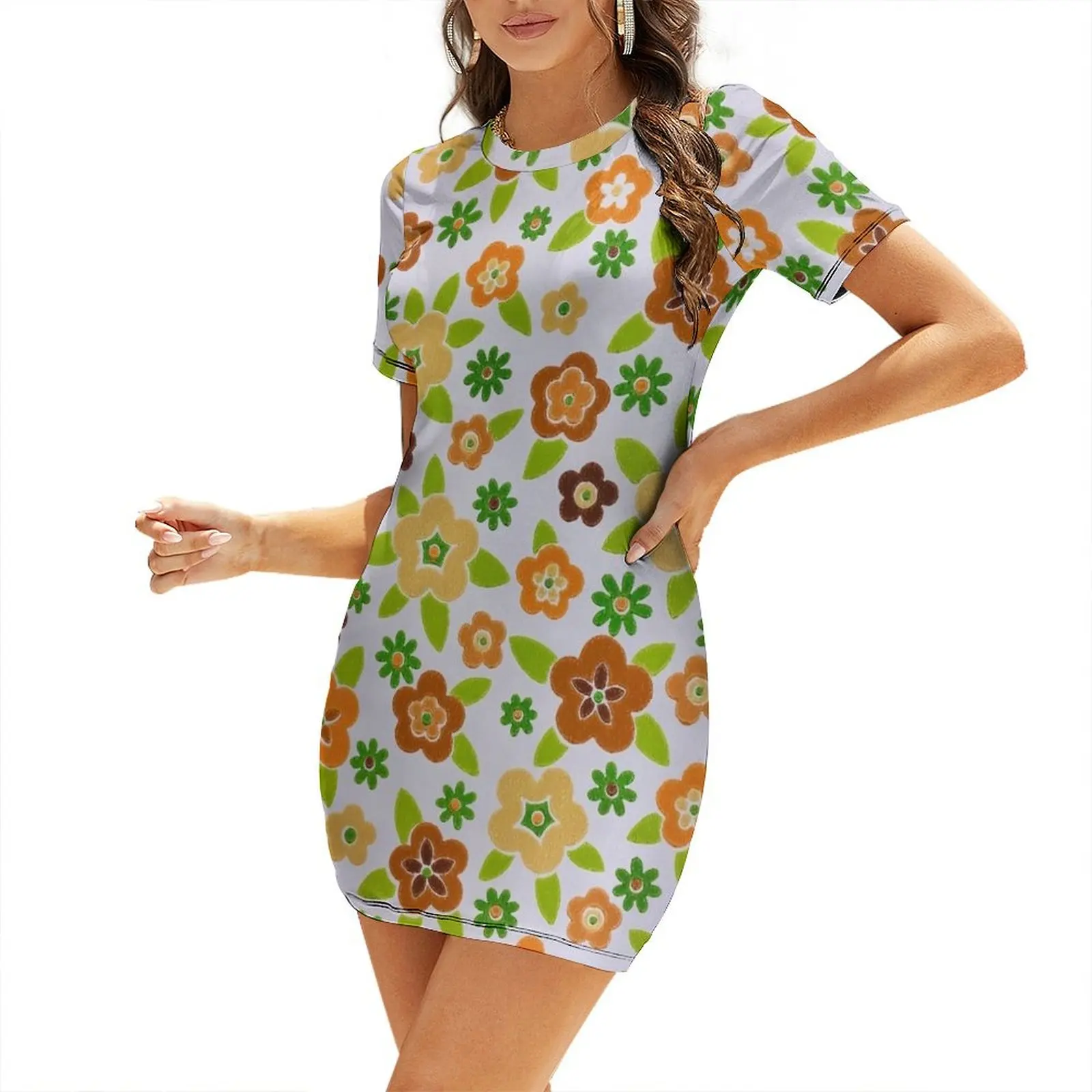 Summer Clothing Online - 60s Printed-On Flower Design Short-Sleeved Dress