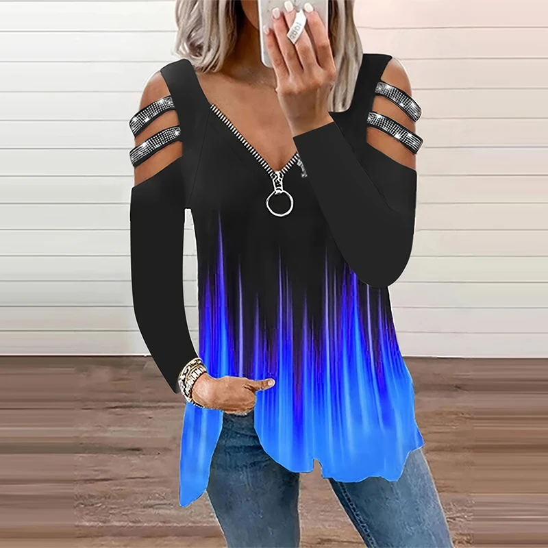 Summer Clothing Drop - Gradient Color Zipper V Neck T-shirt