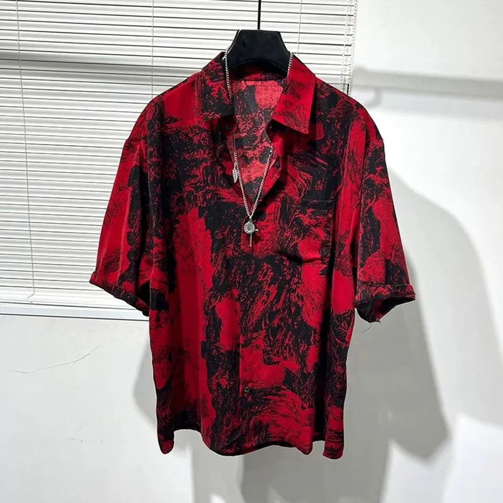Summer Vacation Clothing Men - Mens Shirt Irregular Red Landscape Painting
