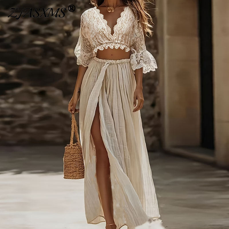 Womens Bohemian Lace Two Piece - Summer Vacation Clothing Women 评论和价格