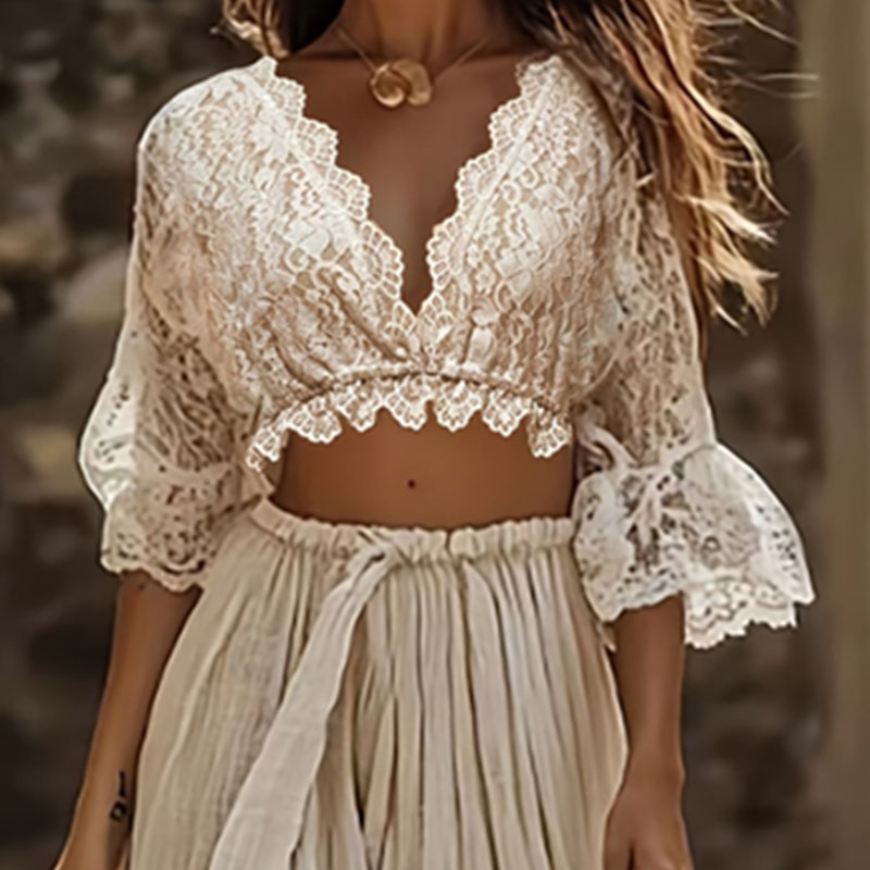 Womens Bohemian Lace Two Piece - Summer Vacation Clothing Women 评论和价格