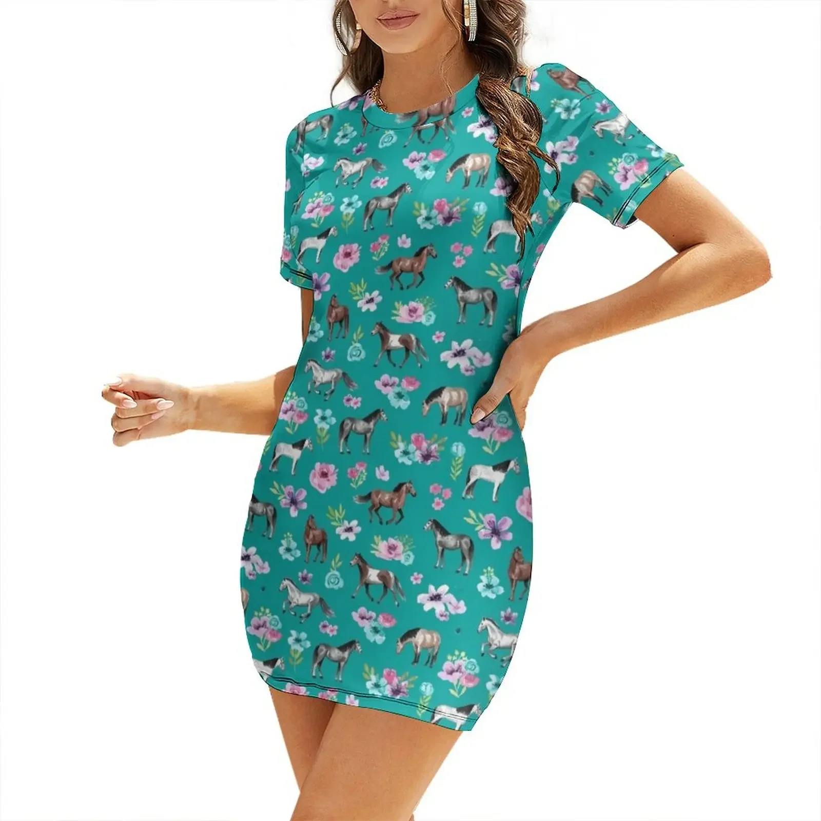 Horses and Flowers on Teal, Tu - Summer Clothing Online 评论和价格
