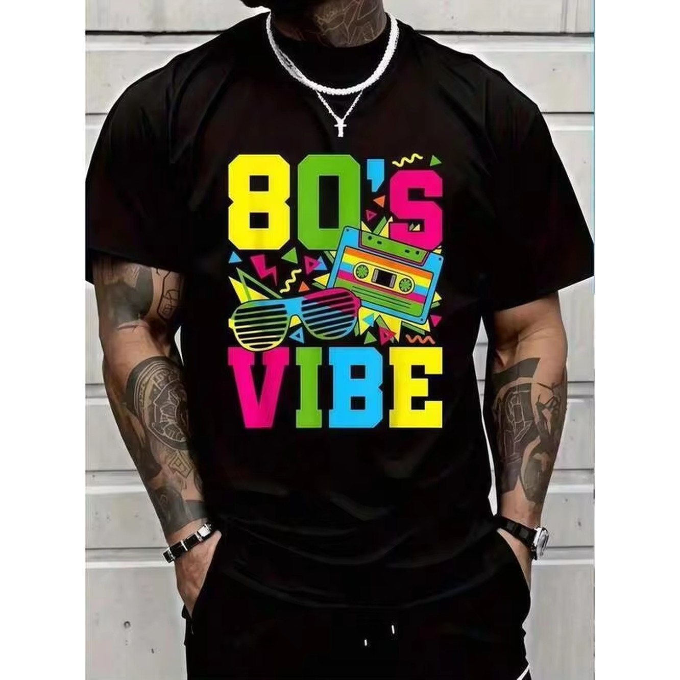 1pc Retro 80s Vibe Print Black - Summer Clothing Italy 评论和价格
