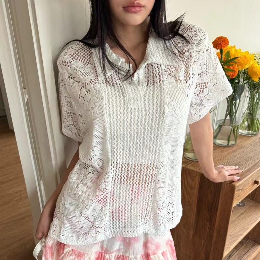 Retro  Collar Lace Shirt Women - Summer Clothing Online 评论和价格