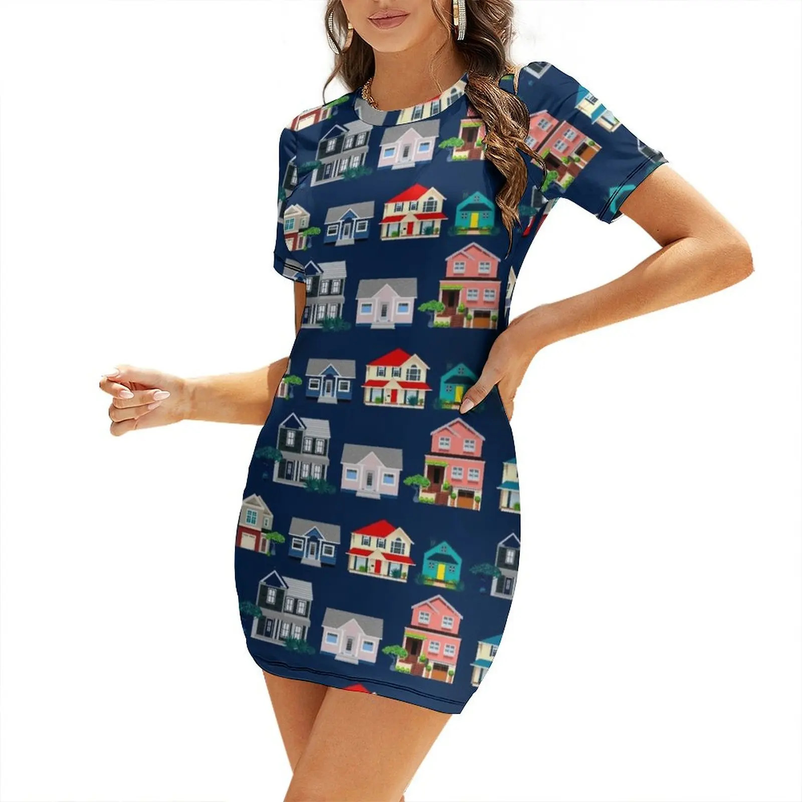 Houses on Street Short-Sleeved - Summer Clothing Online 评论和价格